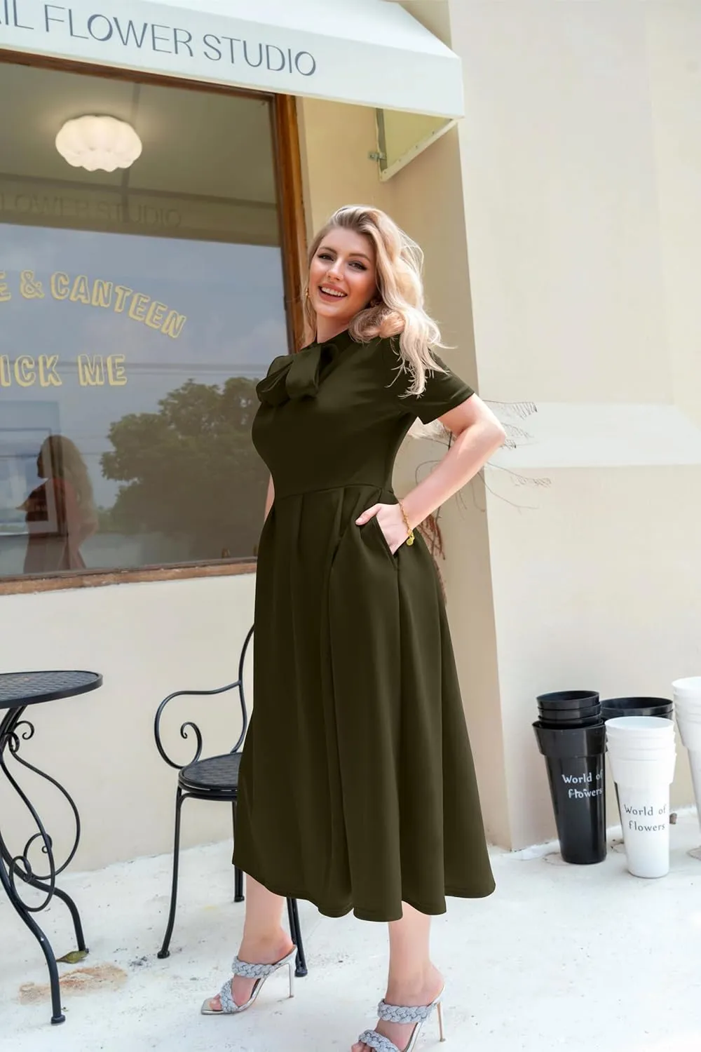 Memoriesea Women's Elegant Casual Short Sleeve Work Party A-Line Dress with Pockets