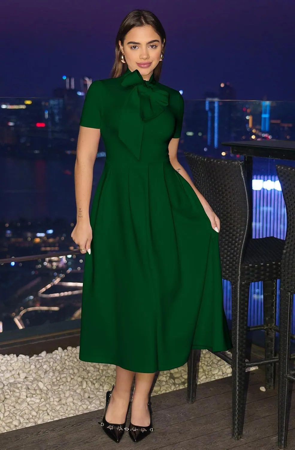 Memoriesea Women's Elegant Casual Short Sleeve Work Party A-Line Dress with Pockets