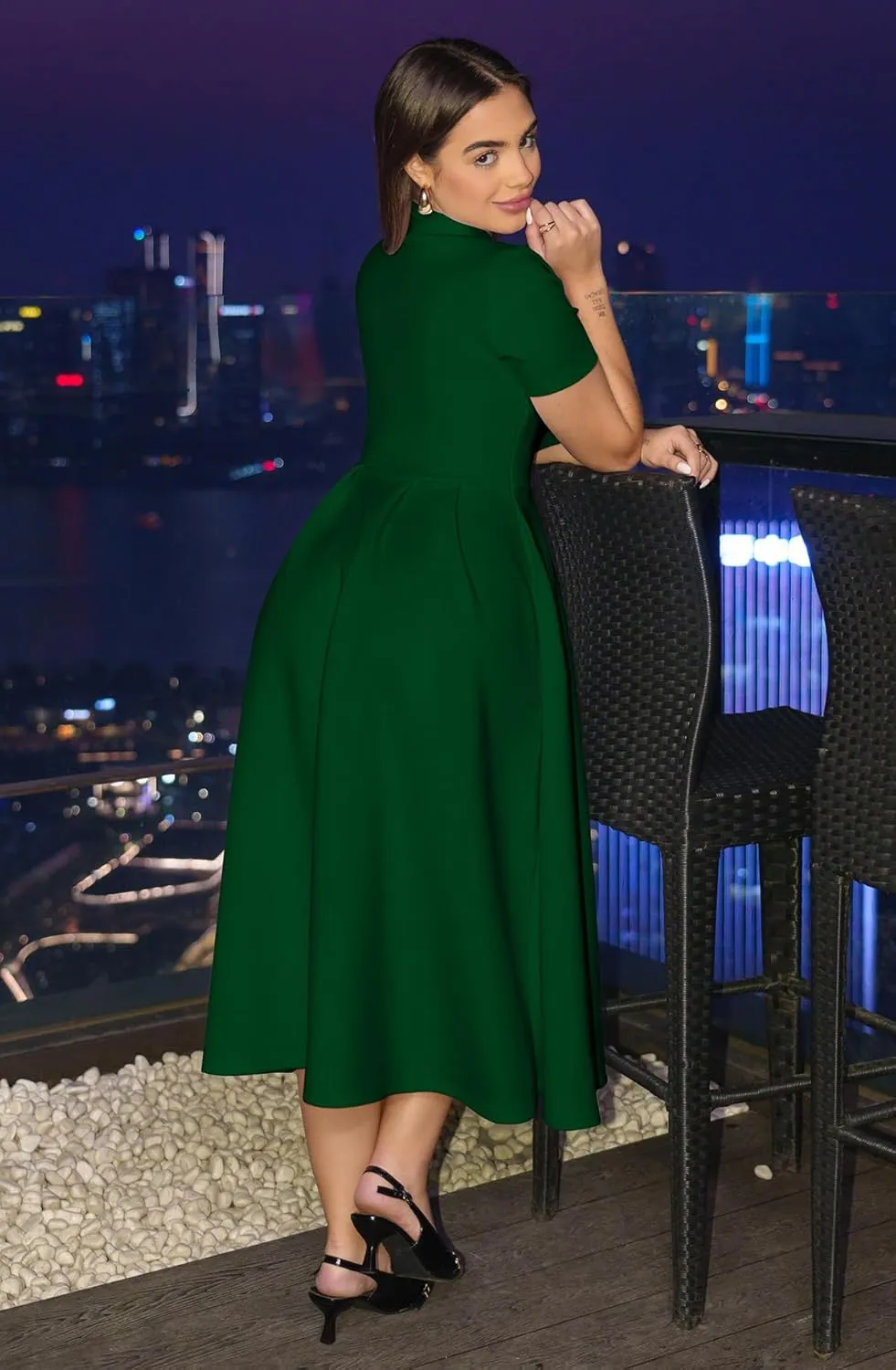 Memoriesea Women's Elegant Casual Short Sleeve Work Party A-Line Dress with Pockets