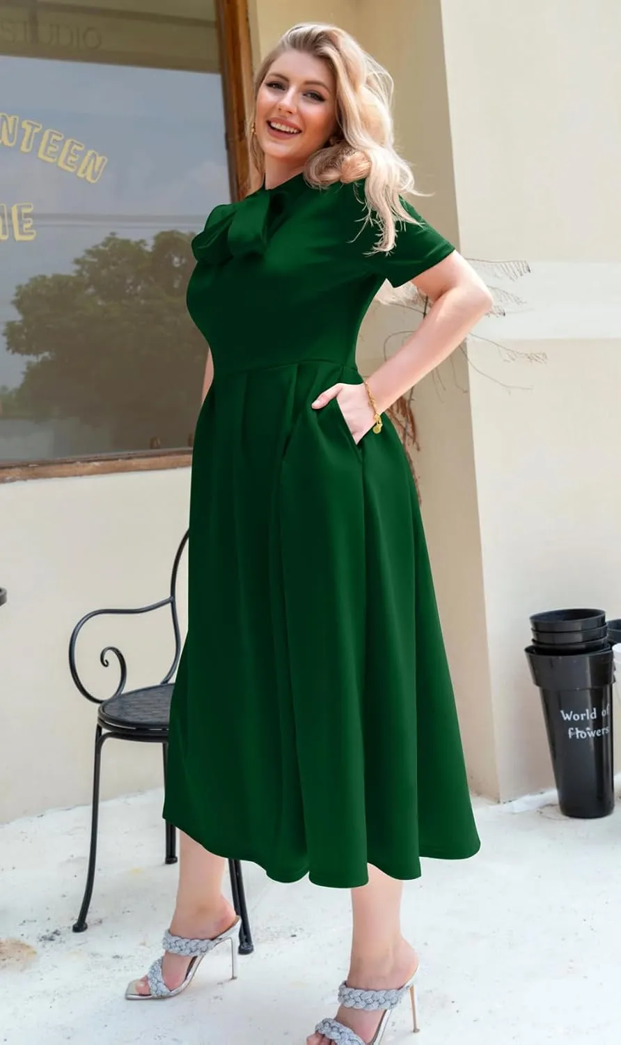 Memoriesea Women's Elegant Casual Short Sleeve Work Party A-Line Dress with Pockets