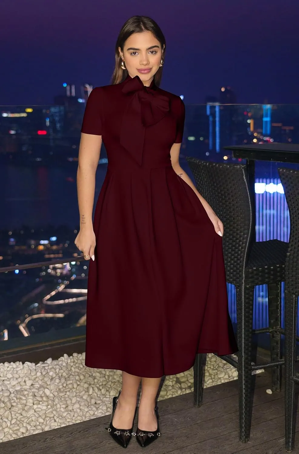 Memoriesea Women's Elegant Casual Short Sleeve Work Party A-Line Dress with Pockets