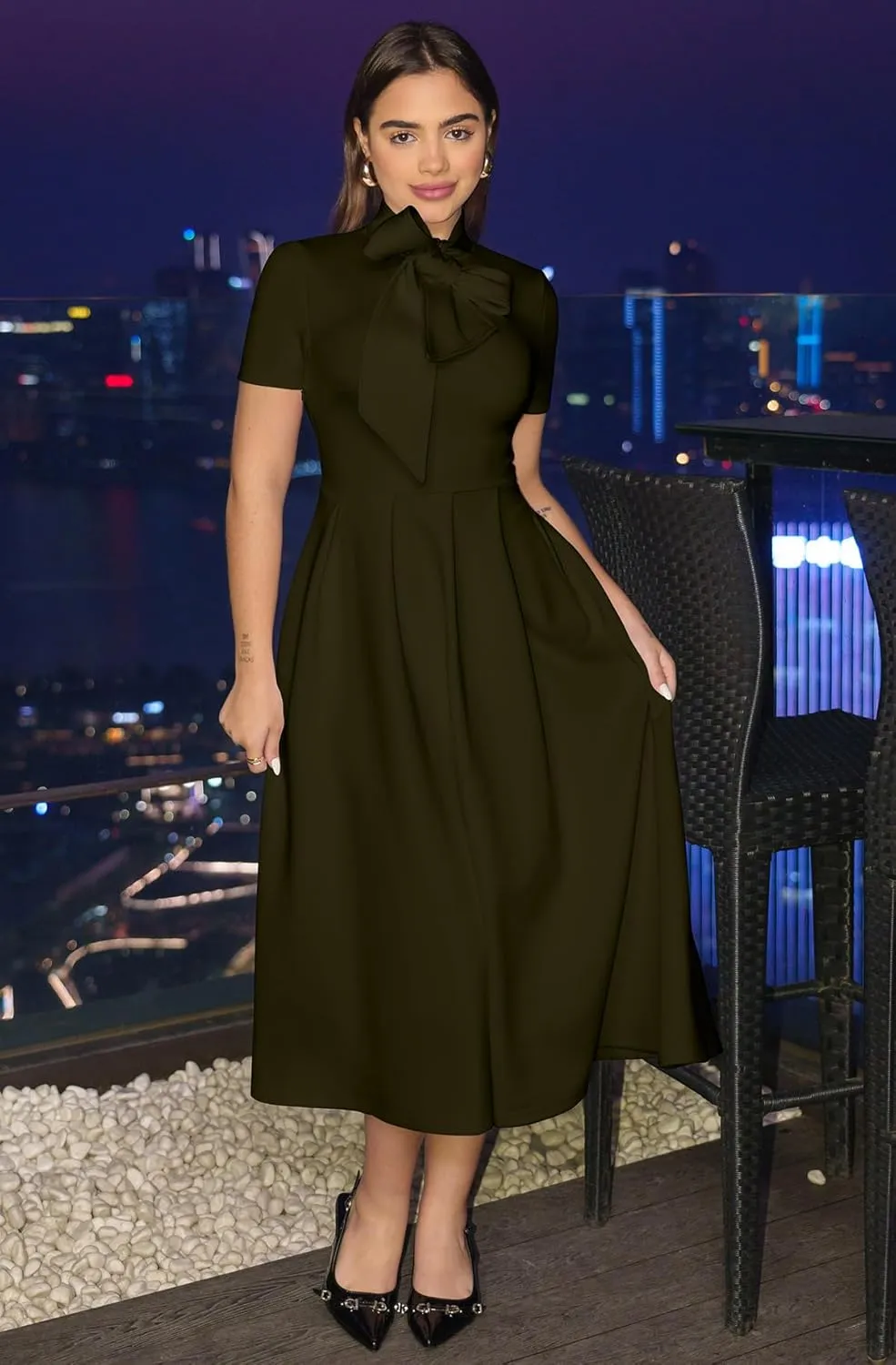 Memoriesea Women's Elegant Casual Short Sleeve Work Party A-Line Dress with Pockets