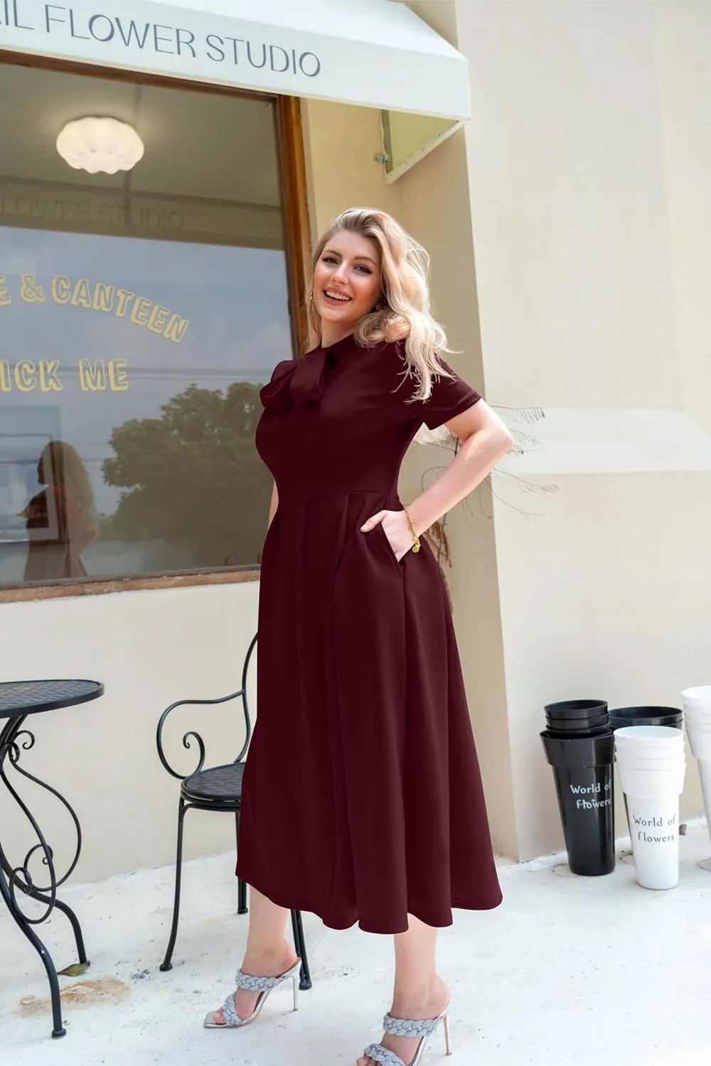 Memoriesea Women's Elegant Casual Short Sleeve Work Party A-Line Dress with Pockets