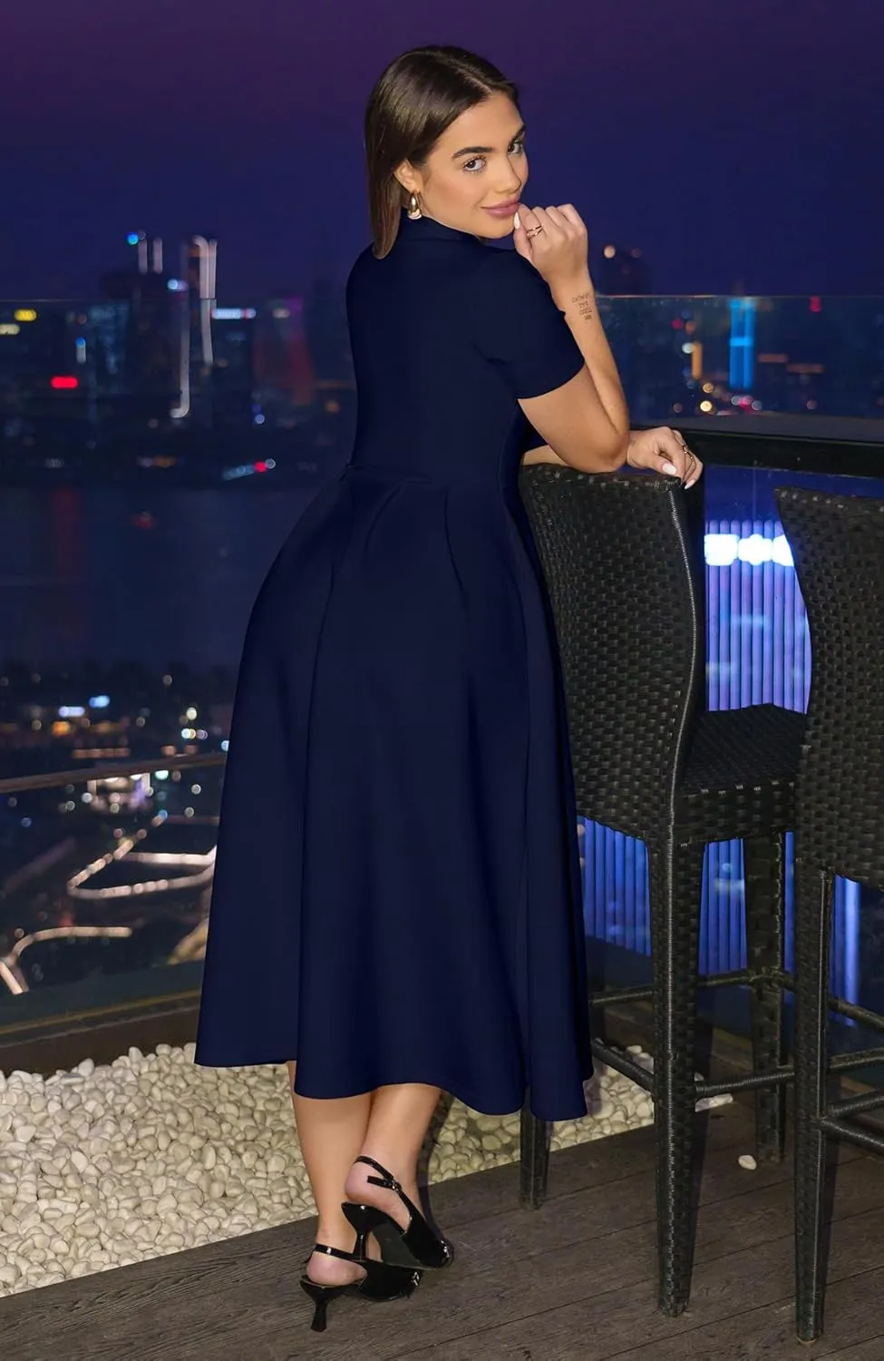 Memoriesea Women's Elegant Casual Short Sleeve Work Party A-Line Dress with Pockets