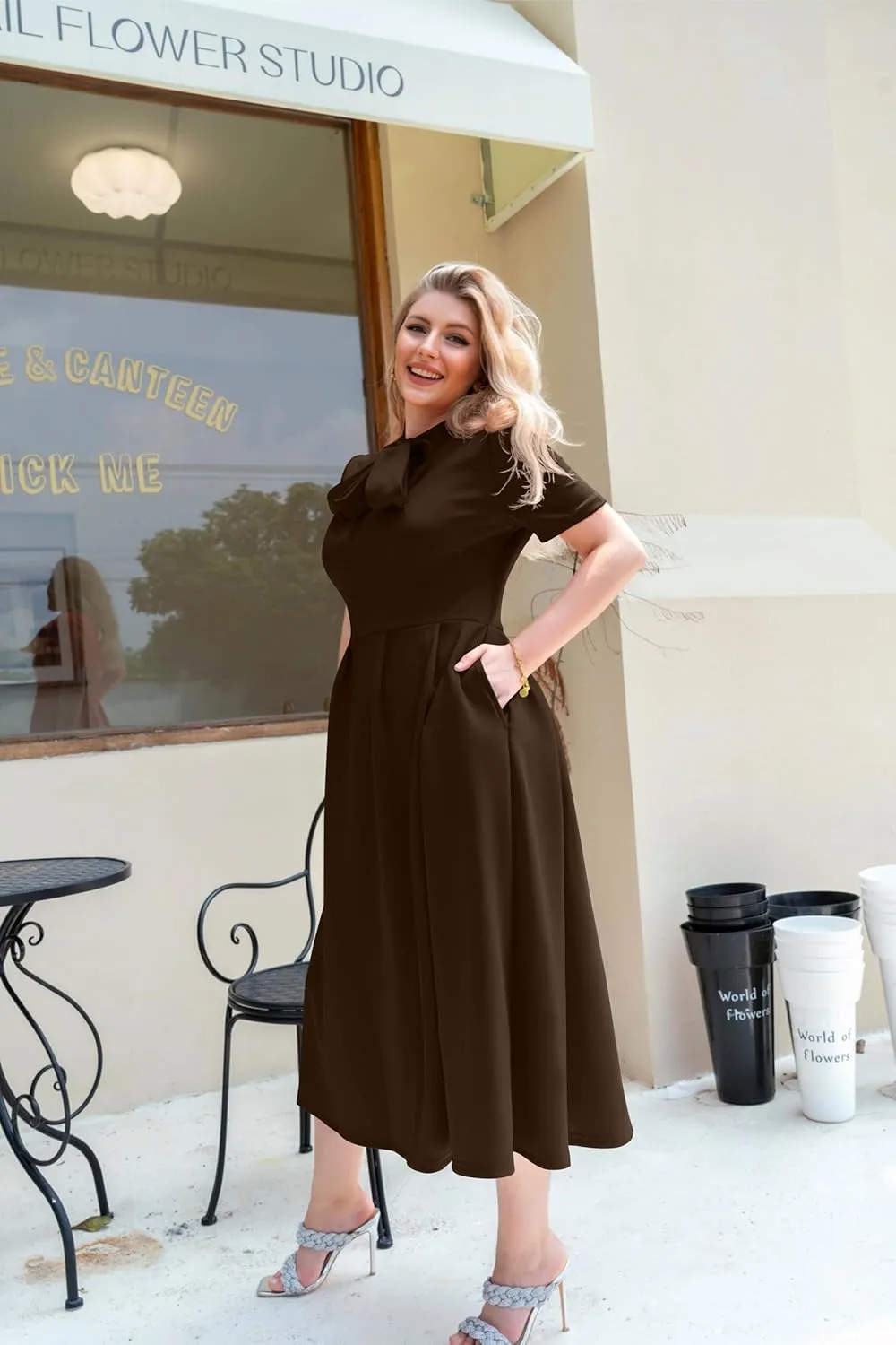 Memoriesea Women's Elegant Casual Short Sleeve Work Party A-Line Dress with Pockets