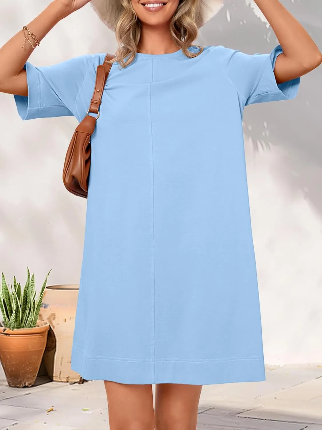 MEROKEETY Women's 2025 Summer Short Sleeve Dress Crewneck Casual Mini Tshirt Dresses with Pockets