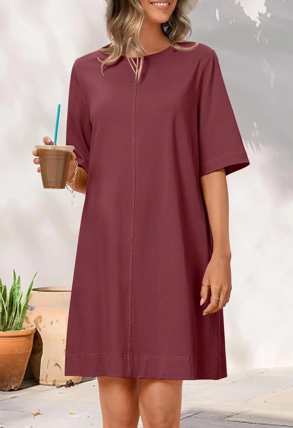 MEROKEETY Women's 2025 Summer Short Sleeve Dress Crewneck Casual Mini Tshirt Dresses with Pockets