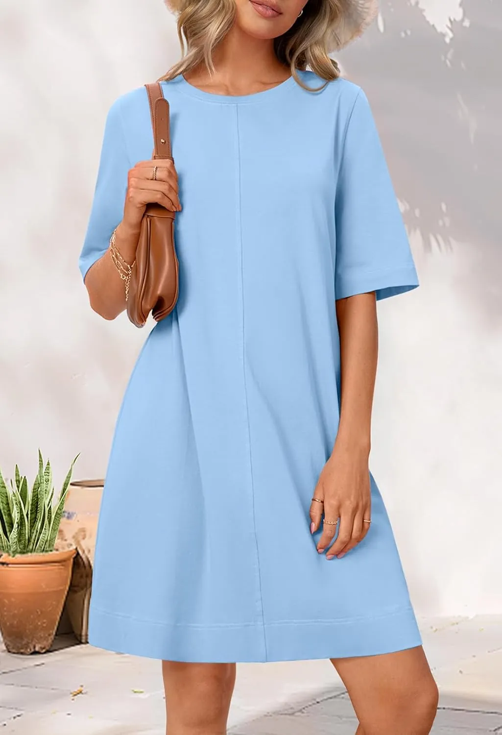 MEROKEETY Women's 2025 Summer Short Sleeve Dress Crewneck Casual Mini Tshirt Dresses with Pockets