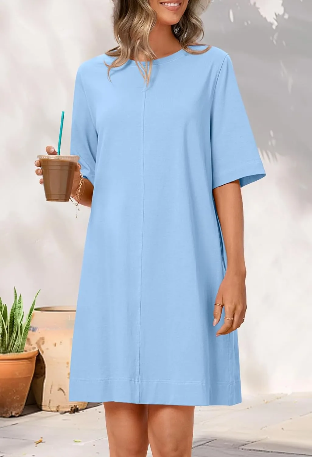 MEROKEETY Women's 2025 Summer Short Sleeve Dress Crewneck Casual Mini Tshirt Dresses with Pockets