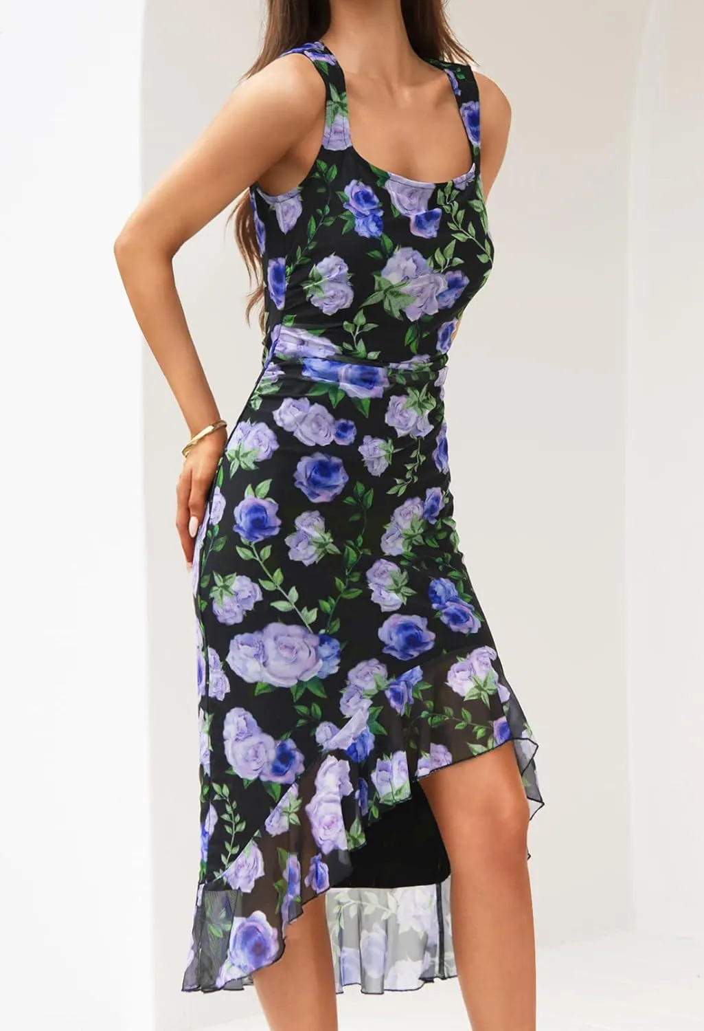 MEROKEETY Women's Summer Floral Bodycon Dress Square Neck Sleeveless Ruffle Hem Cocktail Mesh Midi Dress