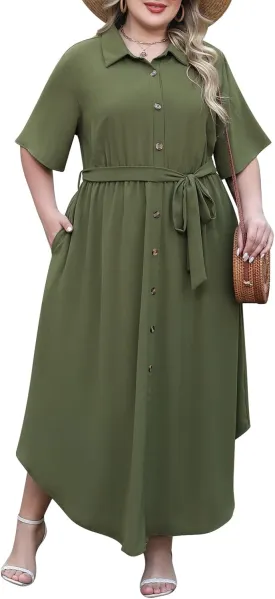 Nemidor Womens Plus Size Casual Maxi Dress Button Down Plain Long Summer Dresses with Belt and Pocket 16-26