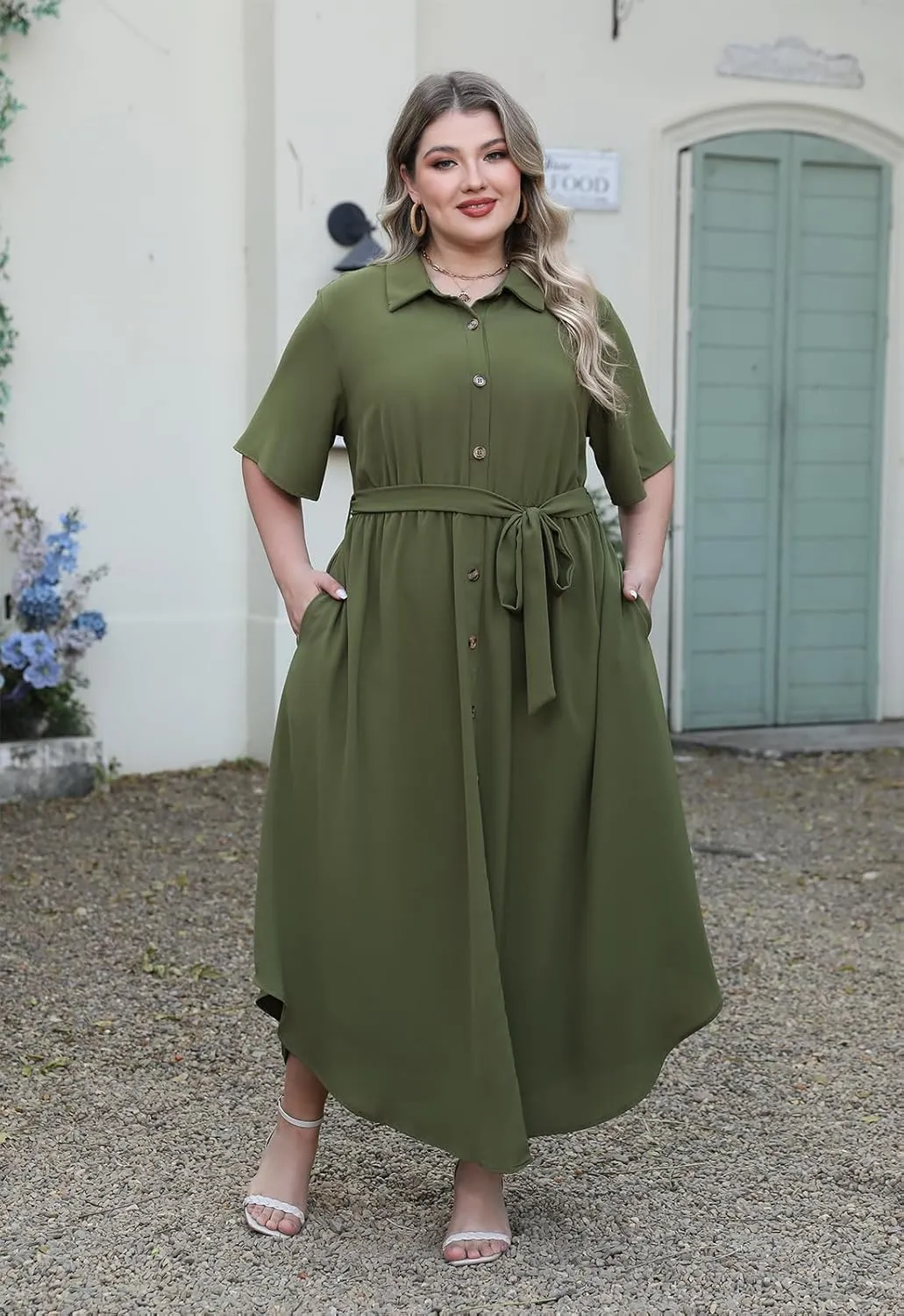 Nemidor Womens Plus Size Casual Maxi Dress Button Down Plain Long Summer Dresses with Belt and Pocket 16-26