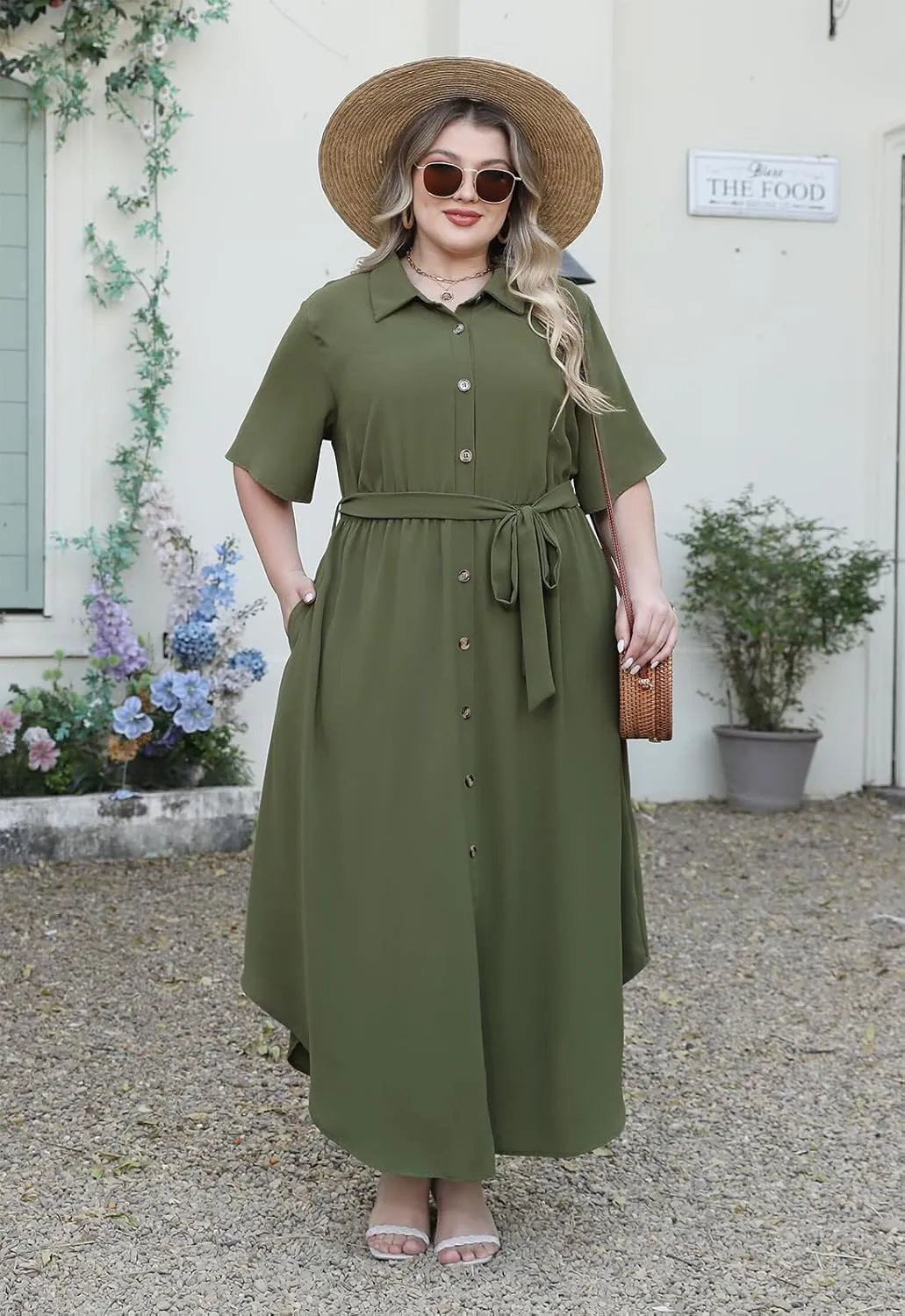 Nemidor Womens Plus Size Casual Maxi Dress Button Down Plain Long Summer Dresses with Belt and Pocket 16-26