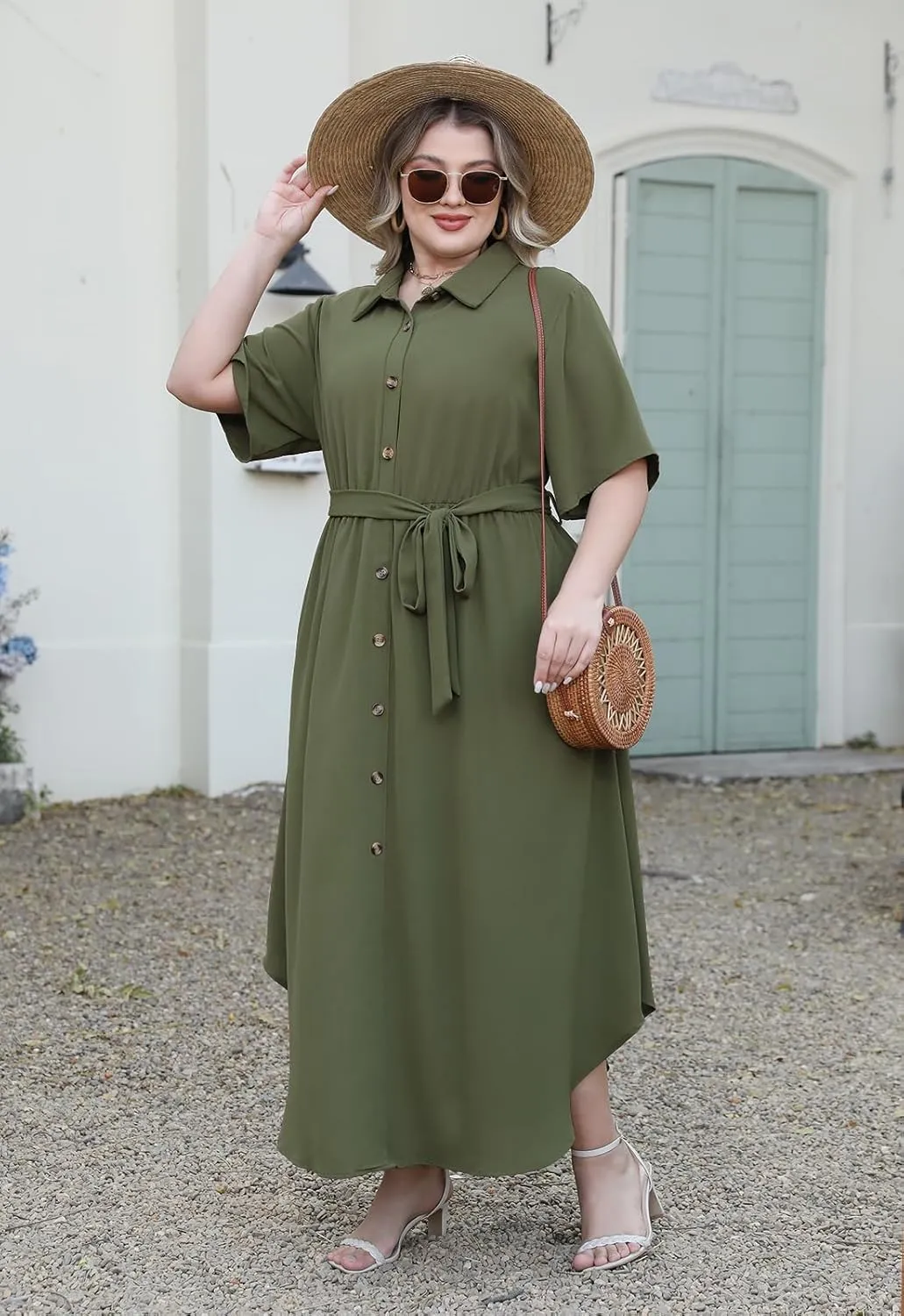 Nemidor Womens Plus Size Casual Maxi Dress Button Down Plain Long Summer Dresses with Belt and Pocket 16-26