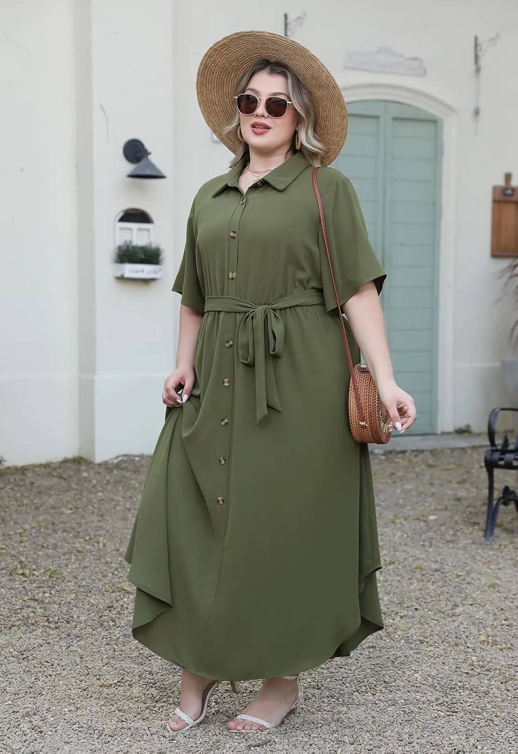 Nemidor Womens Plus Size Casual Maxi Dress Button Down Plain Long Summer Dresses with Belt and Pocket 16-26