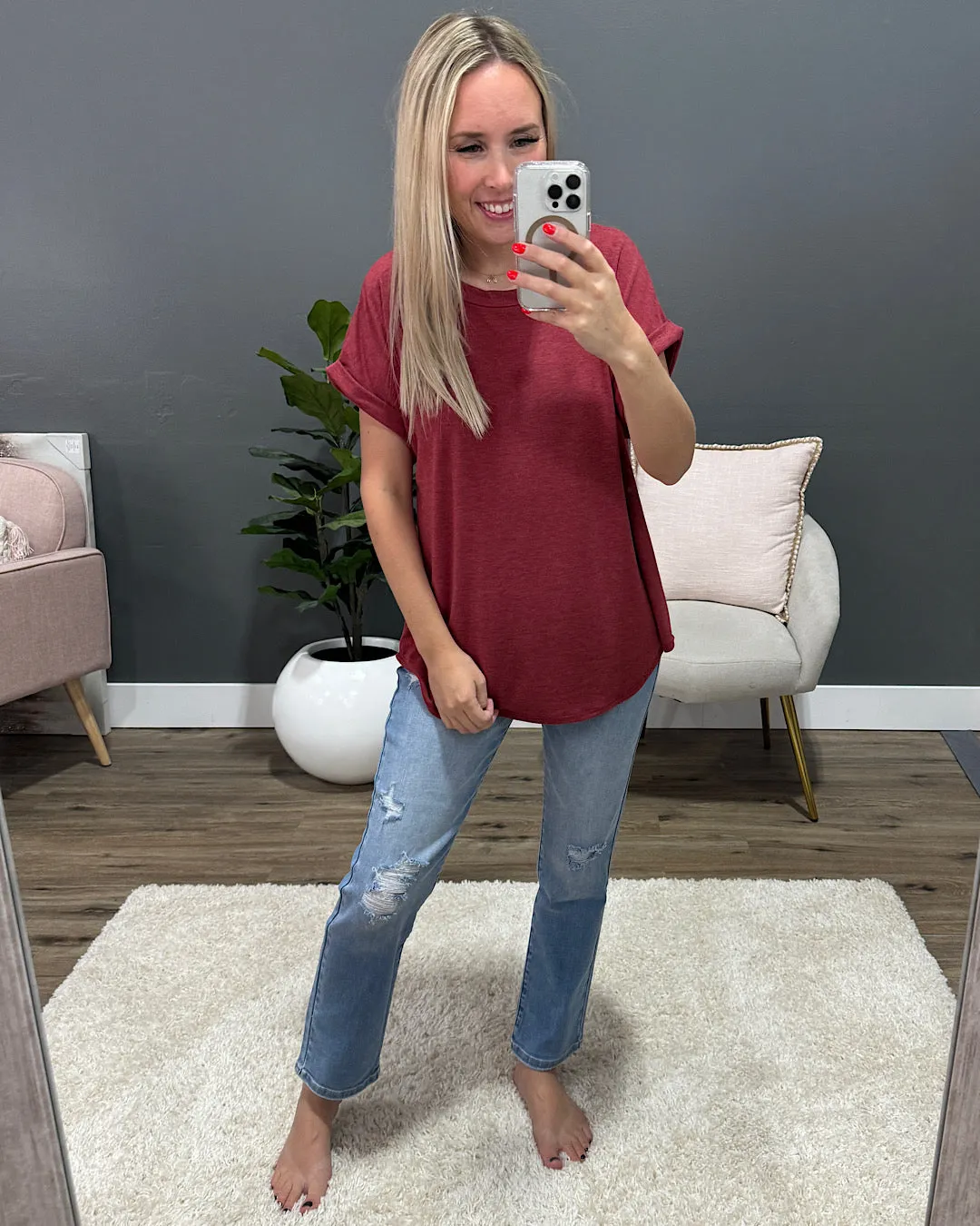 NEW! Lola Roll Sleeve Top - Burgundy