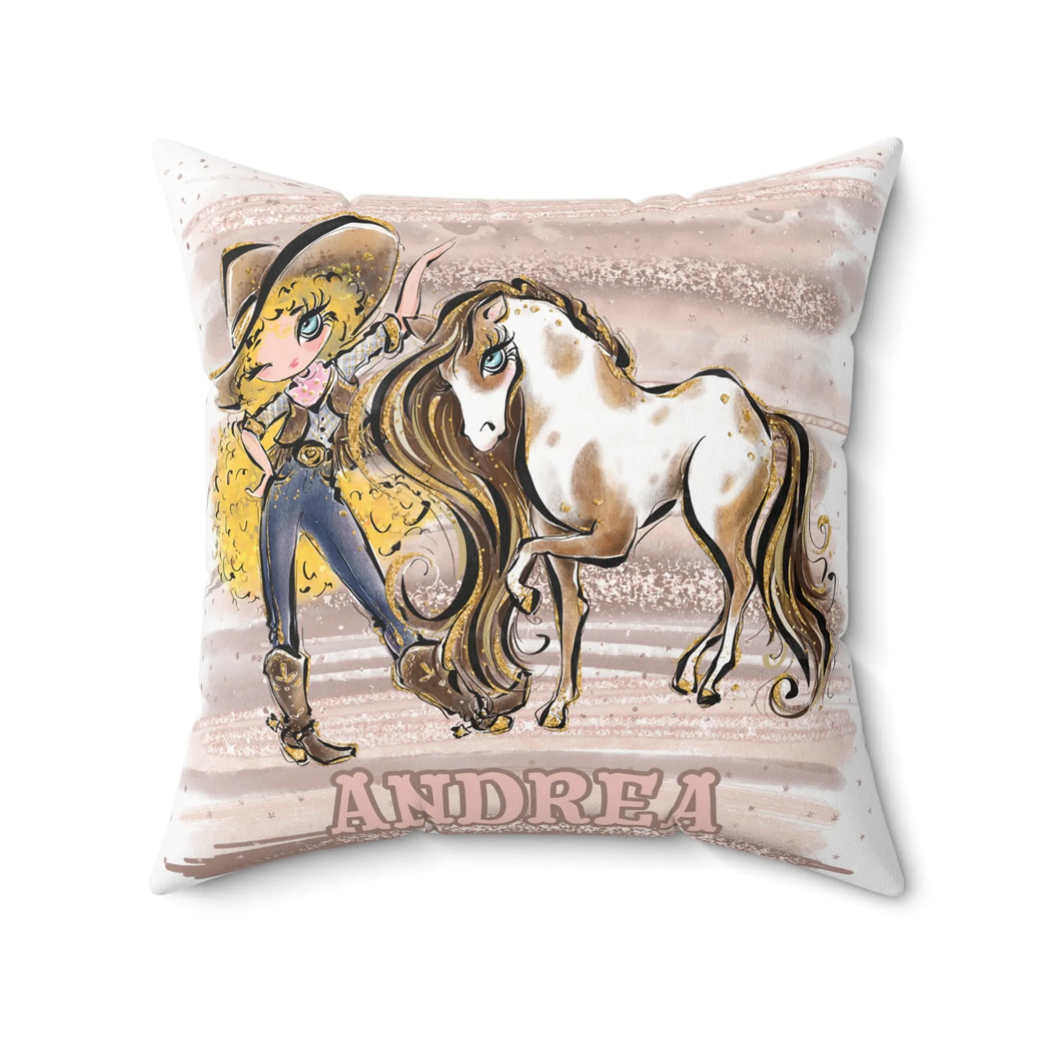 Personalised Cowgirl and Horse Cushion,  Blonde Curly Hair, Blue Eyes, Polyester Square Cushion, Christmas cushion