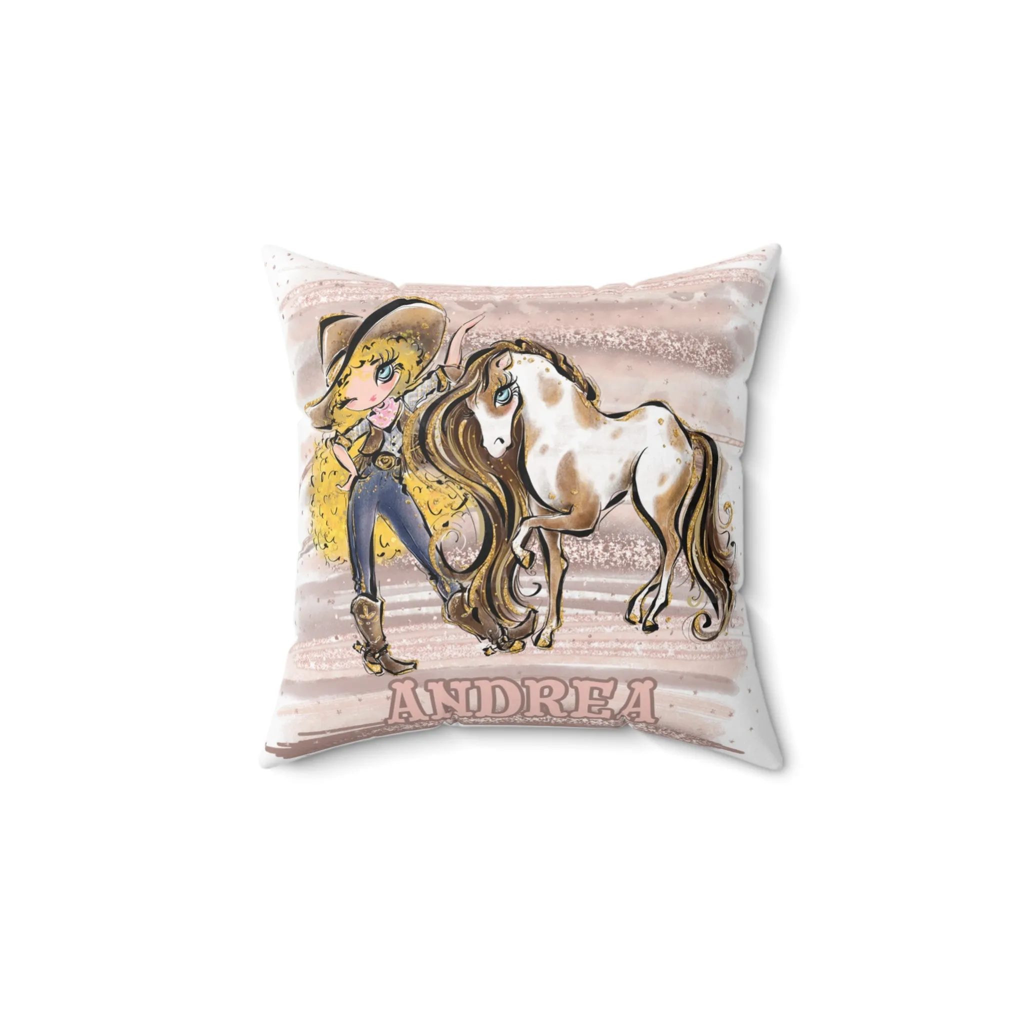 Personalised Cowgirl and Horse Cushion,  Blonde Curly Hair, Blue Eyes, Polyester Square Cushion, Christmas cushion