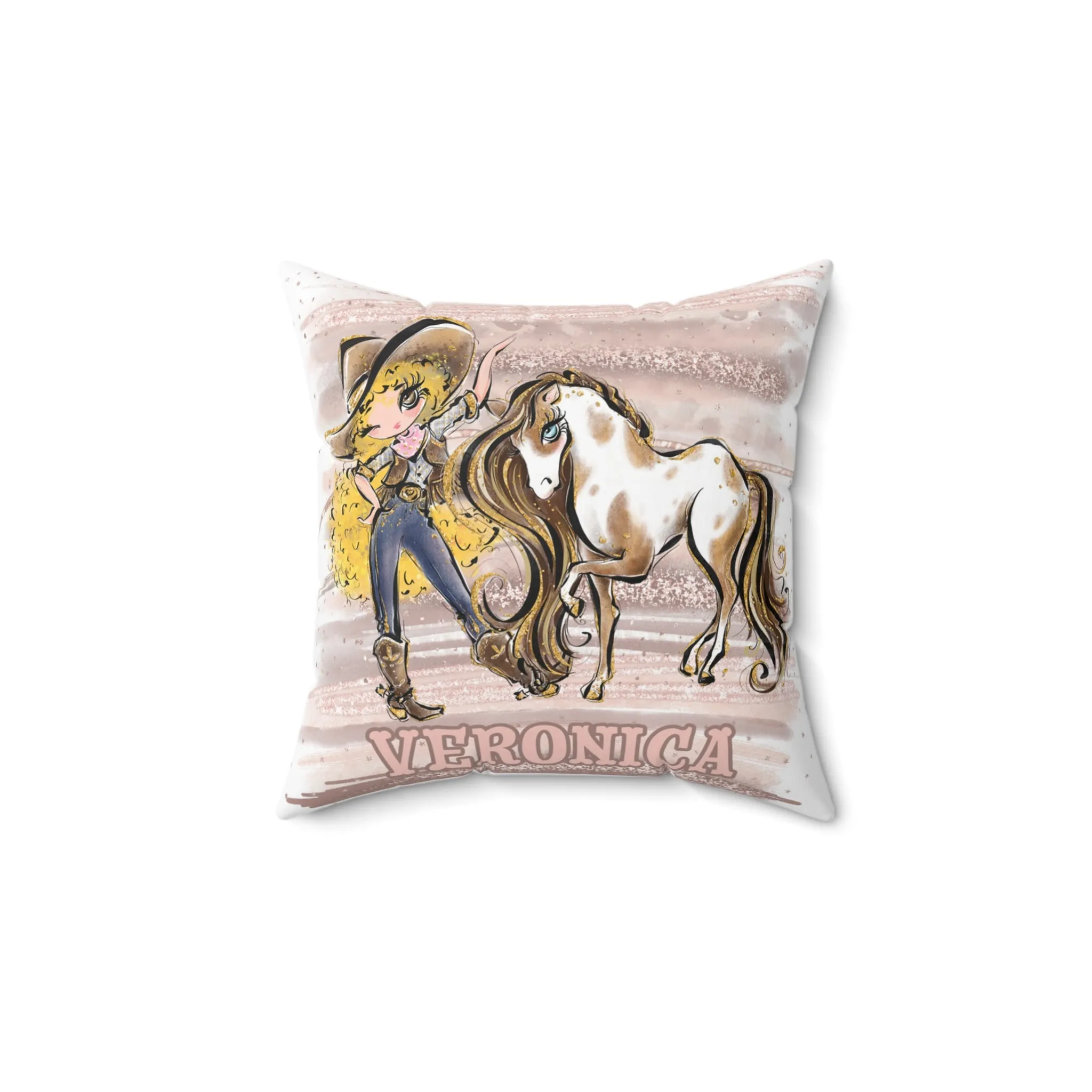 Personalised Cowgirl and Horse Cushion,  Blonde Curly Hair, Brown Eyes, Polyester Square Cushion, Christmas cushion