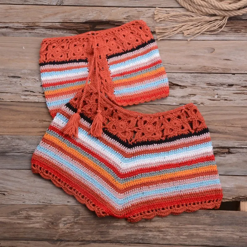 Pure Hand Crocheting Vacation Beach Swimsuit Split Colorful Suit Sexy I Retail