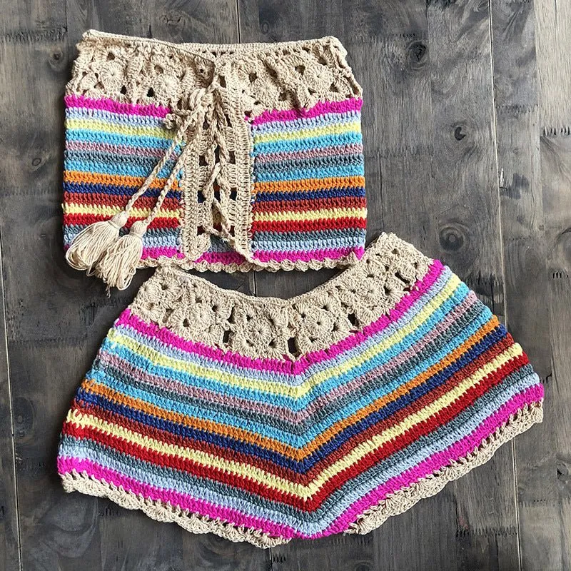 Pure Hand Crocheting Vacation Beach Swimsuit Split Colorful Suit Sexy I Retail