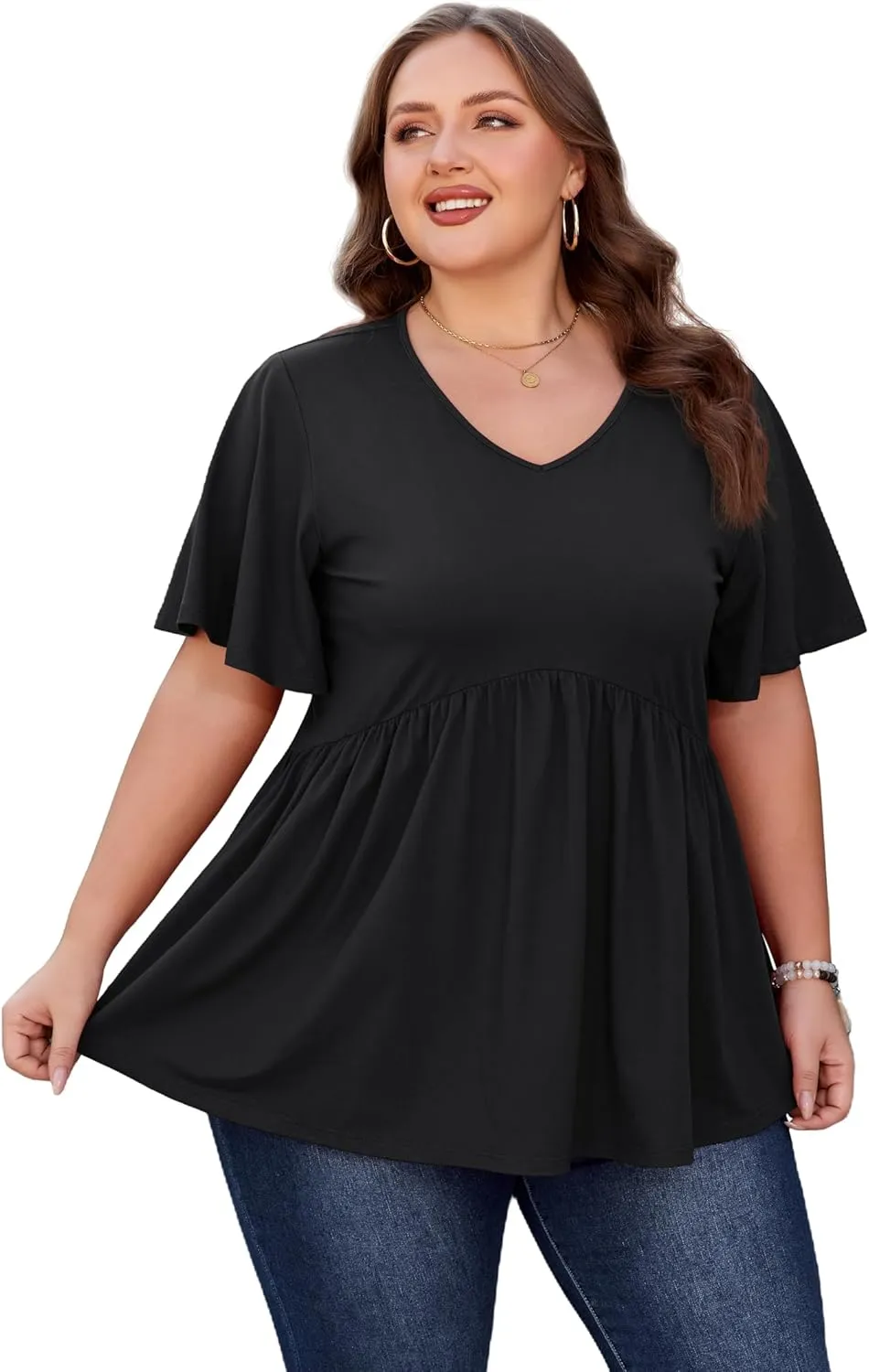 SHIJIALI Womens Plus Size Tops Flutter Sleeve Tunic Empire Waist V Neck Shirts Dressy Blouse