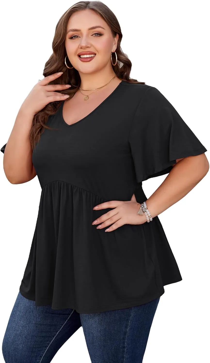 SHIJIALI Womens Plus Size Tops Flutter Sleeve Tunic Empire Waist V Neck Shirts Dressy Blouse