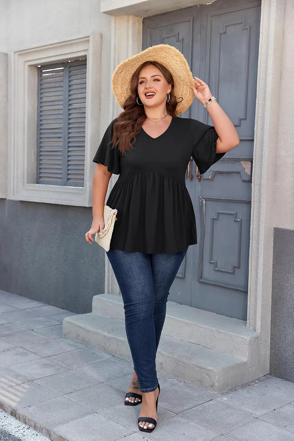 SHIJIALI Womens Plus Size Tops Flutter Sleeve Tunic Empire Waist V Neck Shirts Dressy Blouse