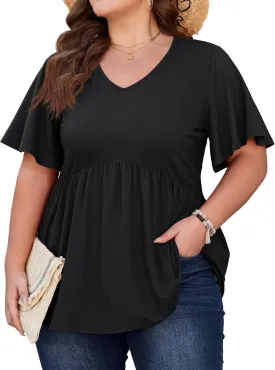 SHIJIALI Womens Plus Size Tops Flutter Sleeve Tunic Empire Waist V Neck Shirts Dressy Blouse