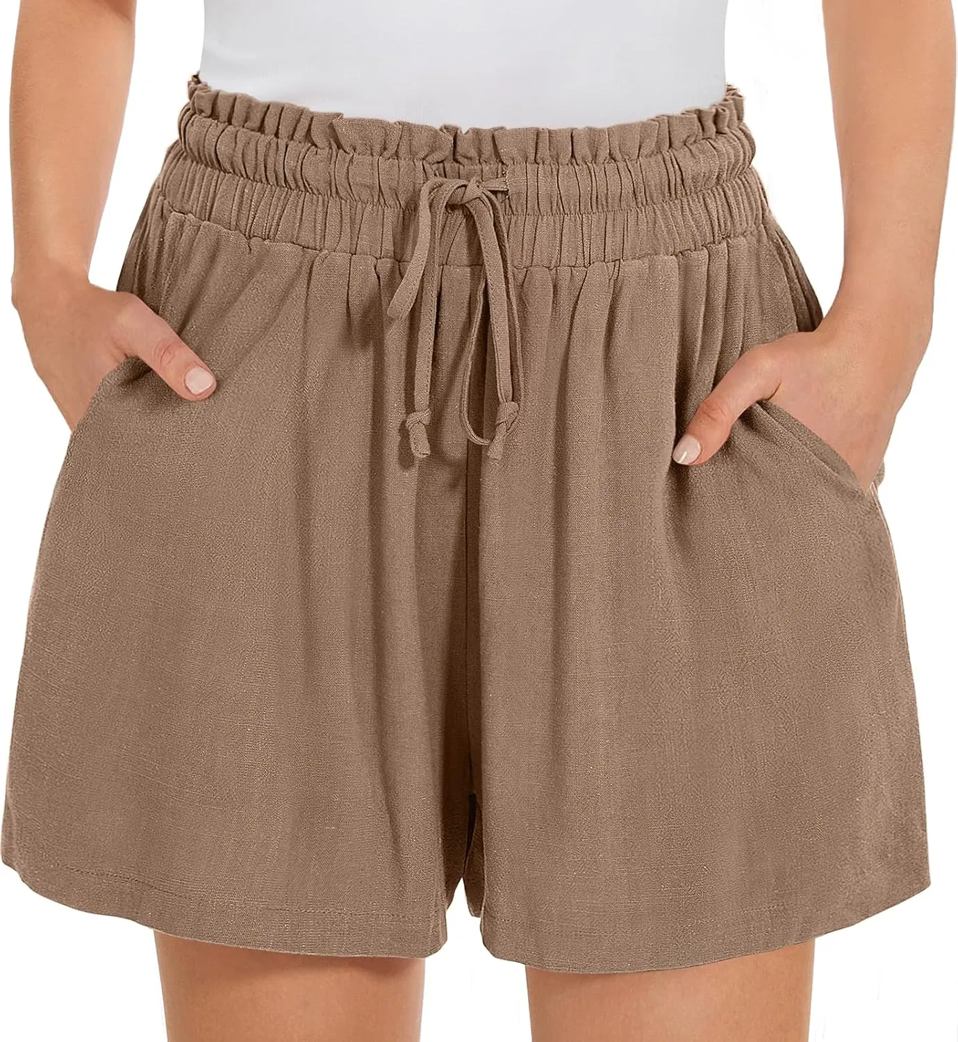 UEU Womens Linen Pants Summer Wide Leg Casual Loose High Waist Drawstring Palazzo Capri with Pockets- 25" / 20" / 3" Inseam