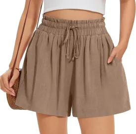 UEU Womens Linen Pants Summer Wide Leg Casual Loose High Waist Drawstring Palazzo Capri with Pockets- 25" / 20" / 3" Inseam