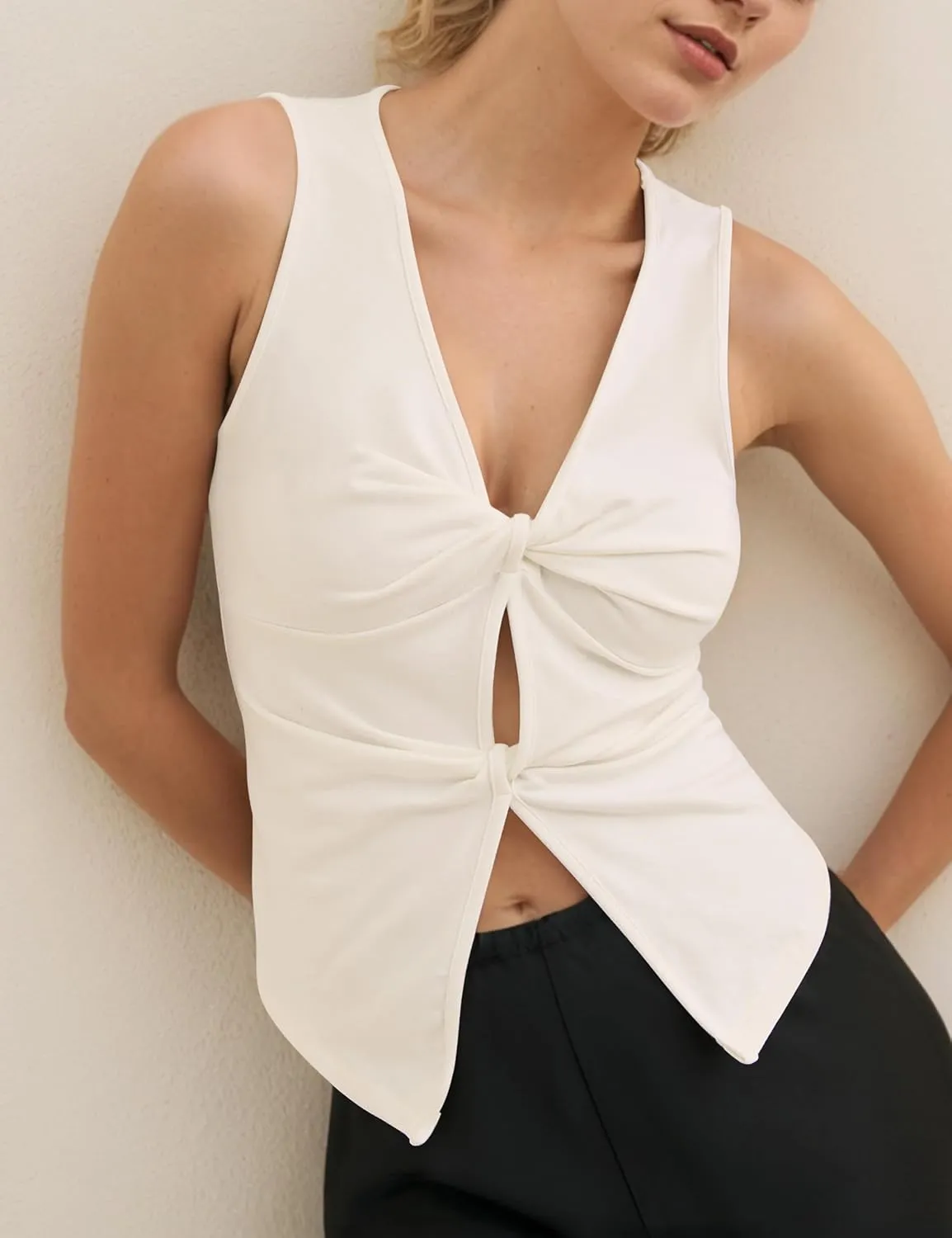 Women Sexy Twist Front Crop Tank Top Sleeveless Deep V Neck Summer Tops Solid Hollow Out Slim Fit Vest Top