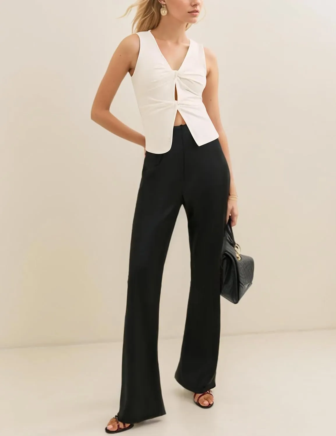 Women Sexy Twist Front Crop Tank Top Sleeveless Deep V Neck Summer Tops Solid Hollow Out Slim Fit Vest Top
