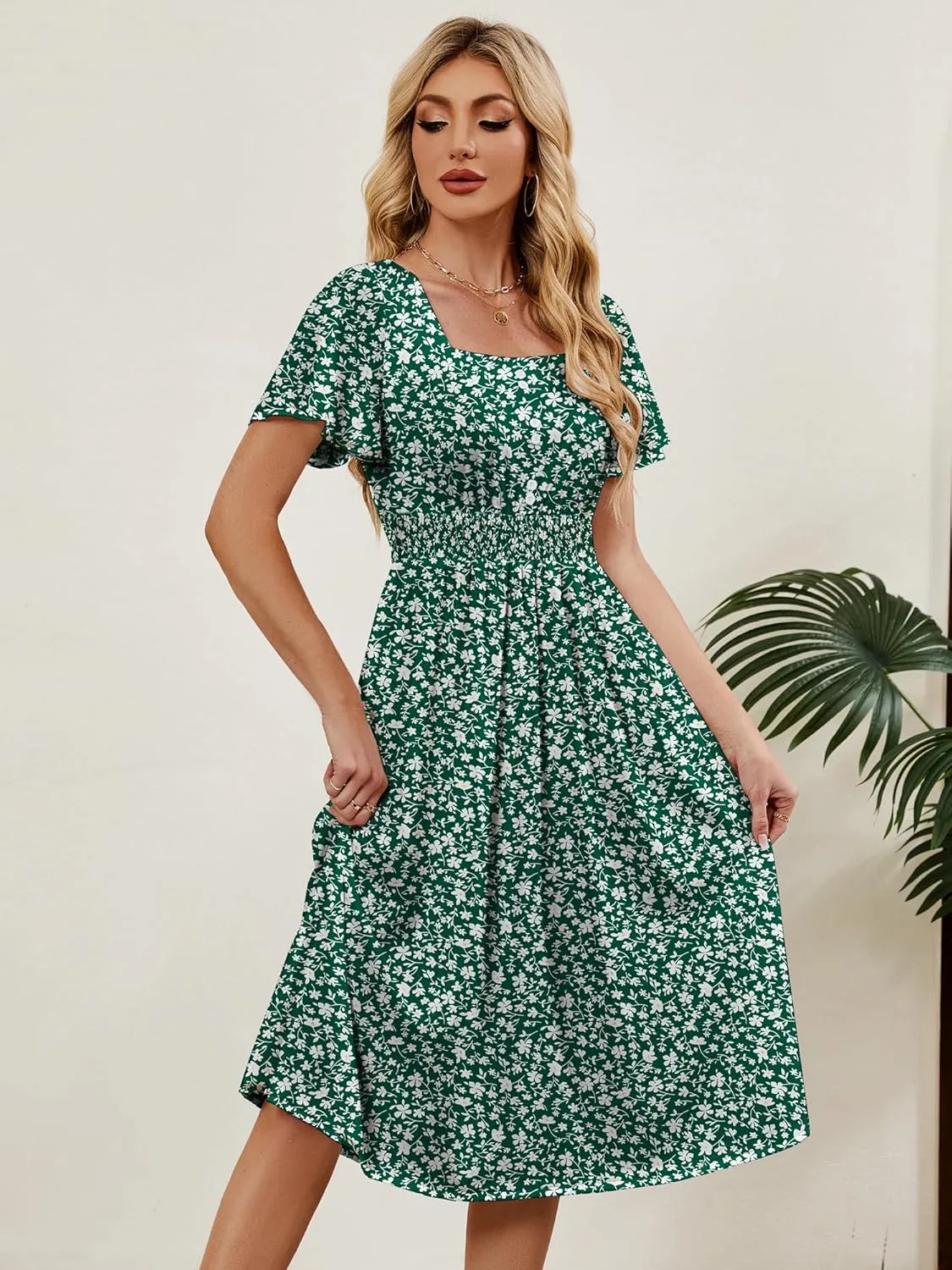 Womens Casual Floral Spring Dresses with Pockets Square Neck Knee Length Milkmaid Summer Sundresses for Women 2025