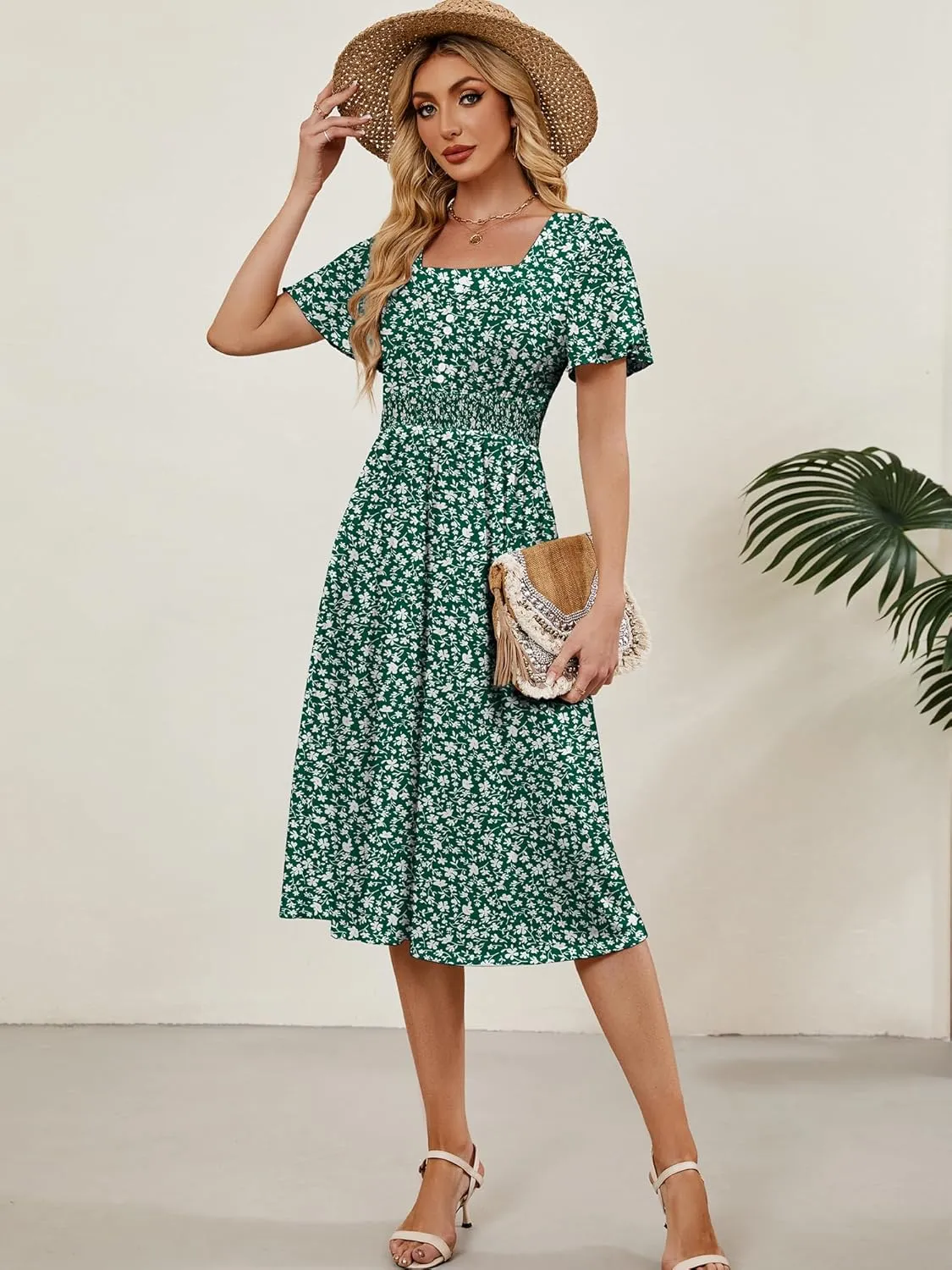 Womens Casual Floral Spring Dresses with Pockets Square Neck Knee Length Milkmaid Summer Sundresses for Women 2025