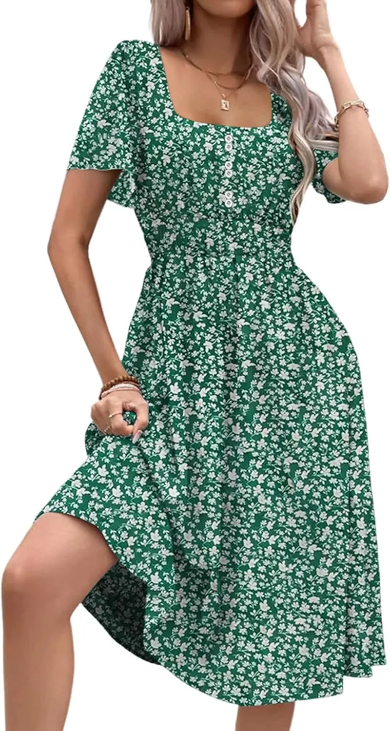 Womens Casual Floral Spring Dresses with Pockets Square Neck Knee Length Milkmaid Summer Sundresses for Women 2025