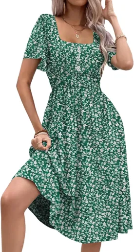 Womens Casual Floral Spring Dresses with Pockets Square Neck Knee Length Milkmaid Summer Sundresses for Women 2025