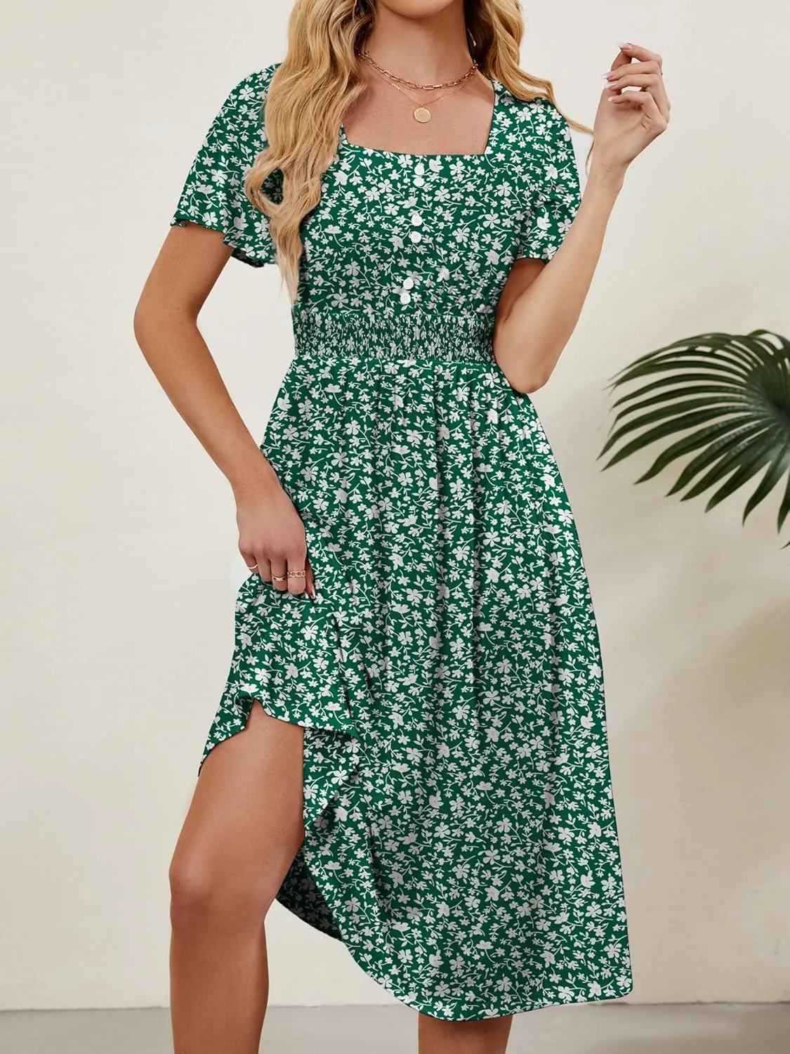 Womens Casual Floral Spring Dresses with Pockets Square Neck Knee Length Milkmaid Summer Sundresses for Women 2025