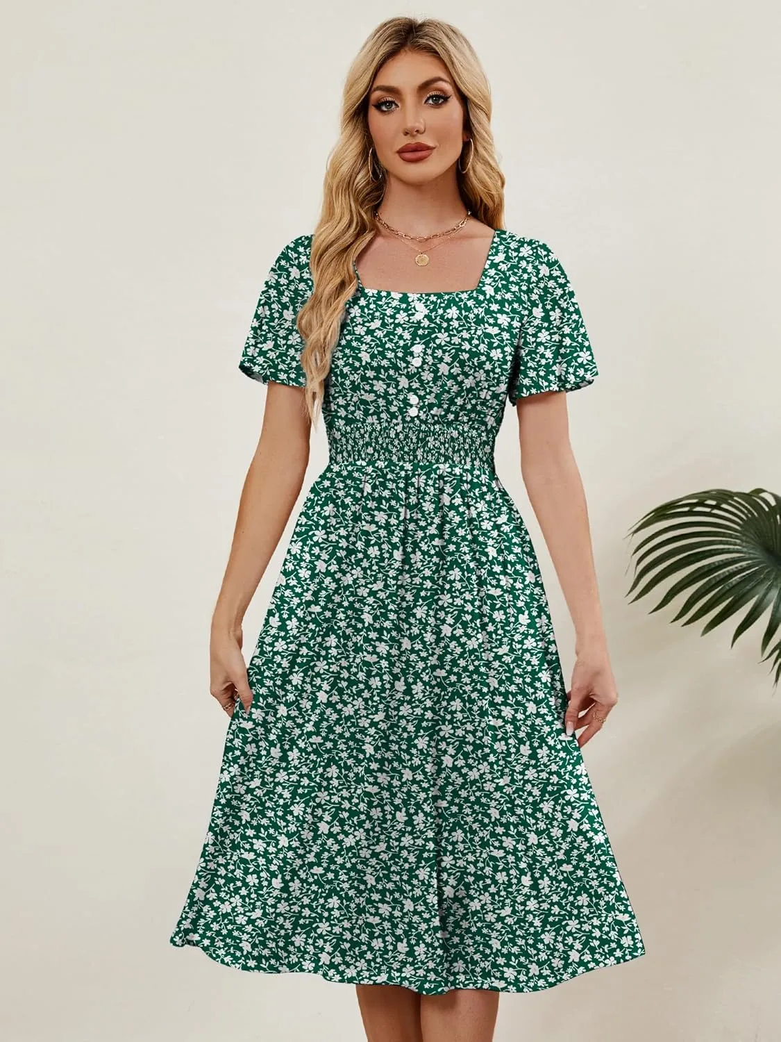 Womens Casual Floral Spring Dresses with Pockets Square Neck Knee Length Milkmaid Summer Sundresses for Women 2025