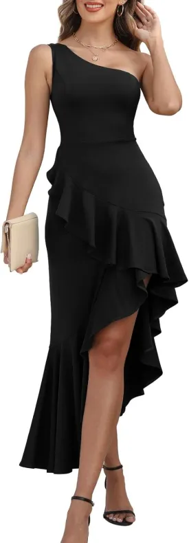 Women's One Shoulder Dress Sleeveless Midi Dresses Asymmetric Ruffle Bodycon Cocktail Party Dress