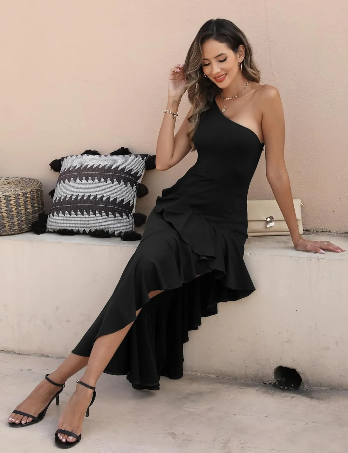 Women's One Shoulder Dress Sleeveless Midi Dresses Asymmetric Ruffle Bodycon Cocktail Party Dress